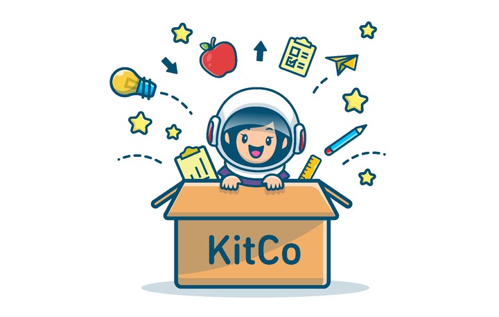 Illustration of a person with an astronaut helmet peeking out of a box